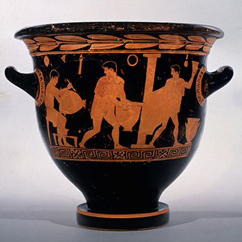 Athenian red-figure bell-krater depicting a scene at a potter’s workshop, c. 470 BCE; attributed to the Komaris Painter